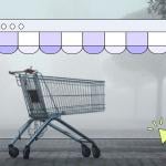 A shopping cart sits alone on a foggy, misty street, framed inside an illustrated browser window with a purple scalloped storefront awning. A yellow cursor arrow points toward the bottom right corner of the browser frame.