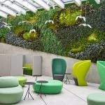 A modern office interior featuring a large biophilic living wall covered in various mosses, ferns, and plants spanning the back wall beneath a glass skylight ceiling with white beams. The space includes contemporary furniture in shades of green and lime.