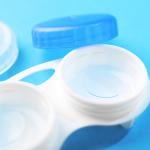 A contact lens case with contact lenses and soluton stored inside. 