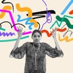 A conceptual collage of a confused woman with expressive abstract scribbles as a concept of overwhelmed thinking.
