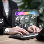 A business person working on a generative engine optimization (GEO) dashboard using AI technology.