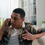 A person appearing to be stressed while talking to someone over the phone.