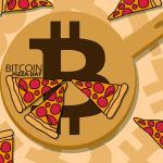 A bitcoin-labeled pan and pizza slices as an event banner for the Bitcoin Pizza Day.