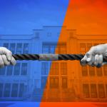 A custom collage showing a tug of war, depicting negotiation dynamics.