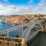 An aerial view of the Luís I Bridge in Porto, Portugal.