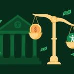 A custom illustration of a bank and a scale showing the concept of economic stability or balancing wealth.