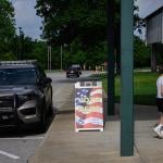 People heading to a polling place South Oldham Middle School in Crestwood, Kentucky, USA.