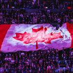 A Canadian flag laid out in the audience during the Canadian national anthem before the Eastern Conference Playoffs' Game 2 at Scotiabank Arena in Toronto, Ontario, Canada.