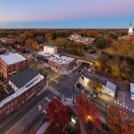 Aerial view of downtown Wake Forest in North Carolina during sunrise.