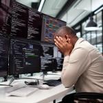 A stressed programmer at work facing multiple monitors.