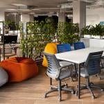 Comfortable beanbag chairs and lush greenery at a modern coworking space.