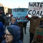 Local activists rally during the 'Protect Our Water' protest against coal mining in the Eastern Slopes, held outside the Alberta Legislature Building in Edmonton, Alberta, Canada, on January 25, 2025. 