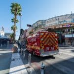 A fire and rescue ambulance parked in a downtown street in Las Vegas, Nevada, USA.