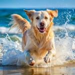 A dog running through the beach's sea waves. 