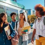 A group of students catching the train to home from school.