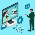 A vector illustration depicting a businessman engaging in a monitor displaying AI assistant and team members on a virtual call.