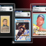 Encased graded vintage sports cards featuring athletes namely Honus Wagner (baseball), Wayne Gretzky (ice hockey) and Mickey Mantle (baseball).