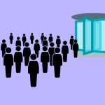 A graphic illustration of a group of silhouetted people emerging from a revolving door.