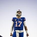 Josh Allen of the Buffalo Bills stretches prior to an NFL football game against the Baltimore Ravens at Highmark Stadium on Sept. 7, 2025 in Orchard Park, New York.