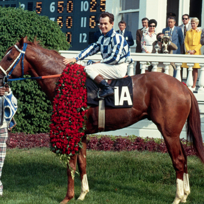 Secretariat and Ron Turcotte after winning the 1973 Kentucky Derby.