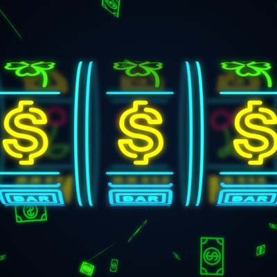 Neon slot machine spinning with flying dollar signs.