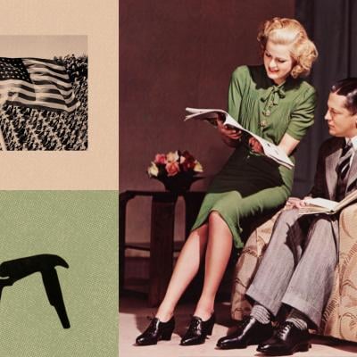 A couple sitting on a couch reading a magazine, World War 2 soldiers with an American Flag, and an Eames LCW silhouette.
