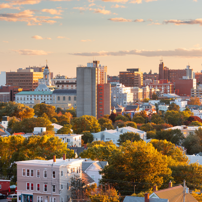 Portland, Maine skyline at dusk.