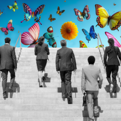 People in suits ascending staircase with AI-generated sky and butterflies on the horizon.