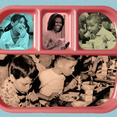 Photo illustration with images of school children eating breakfast and lunch.