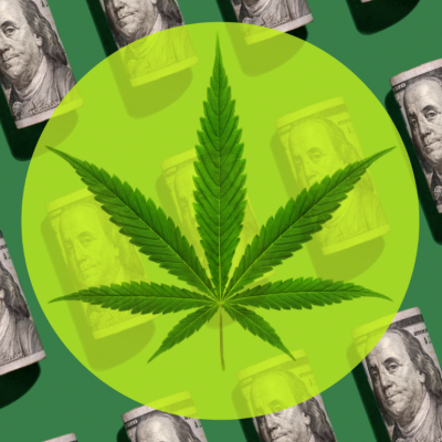Cannabis leaf over currency background.