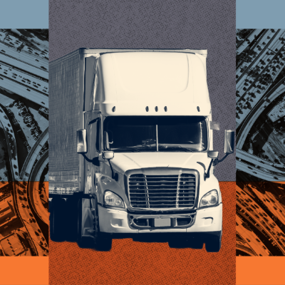 Illustration with an eighteen wheel truck over an aerial view  of a congested highway.