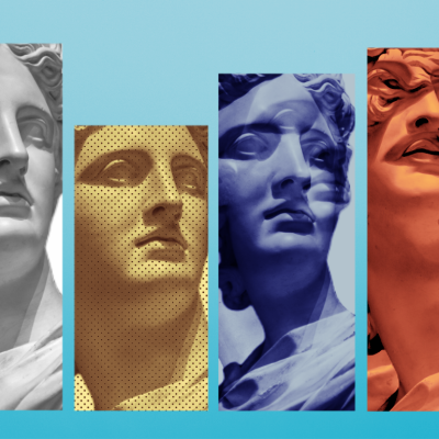 A digital illustration of an Apollo statue and three colorful variations.