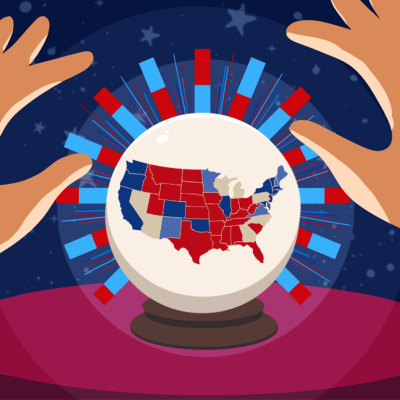 A digital illustration of a fortune teller hands and crystal ball with electoral college map and polling bar charts.