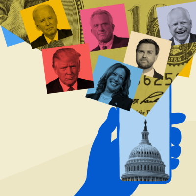 Illustration of hand holding phone with portraits of Joe Biden, Donald Trump, Kamala Harris, Robert F. Kennedy Jr., J.D. Vance, and Tim Walz.