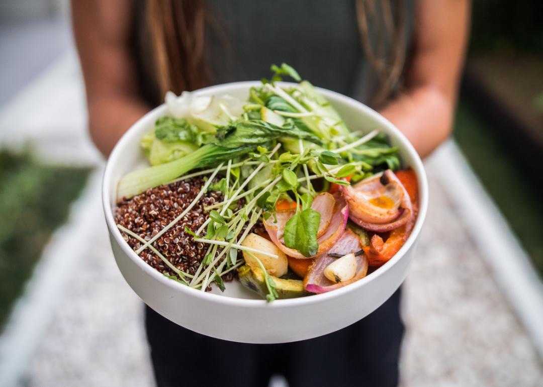 Person holding bowl of plant based greens and vegetables.