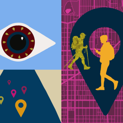 Illustration with eye, location tags, and a person walking with phone and another person hiking over city map.