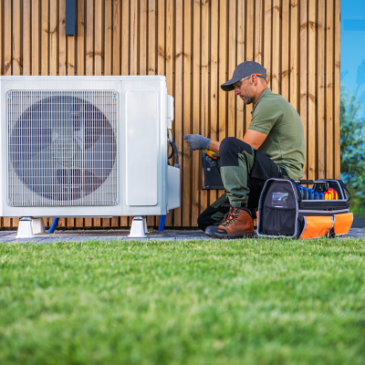 Technician servicing a home air conditioning unit.