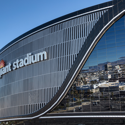 Allegiant Stadium exterior with reflection of Las Vegas