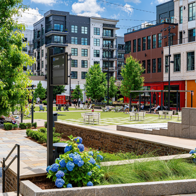 Open spaces and apartment complexes in the New Fenton Mixed Use Development.