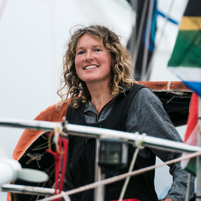 Kirsten Neuschäfer aboard her boat after winning the 2022 Golden Globe Race.