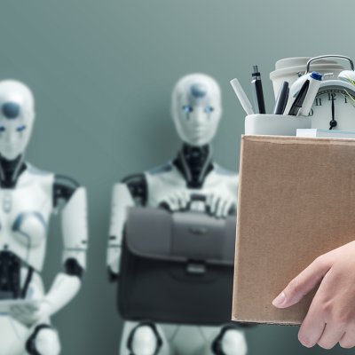 Close up of hands holding a cardboard box full of office supplies with two robots in the background appearing to look like they are waiting for a job interview.