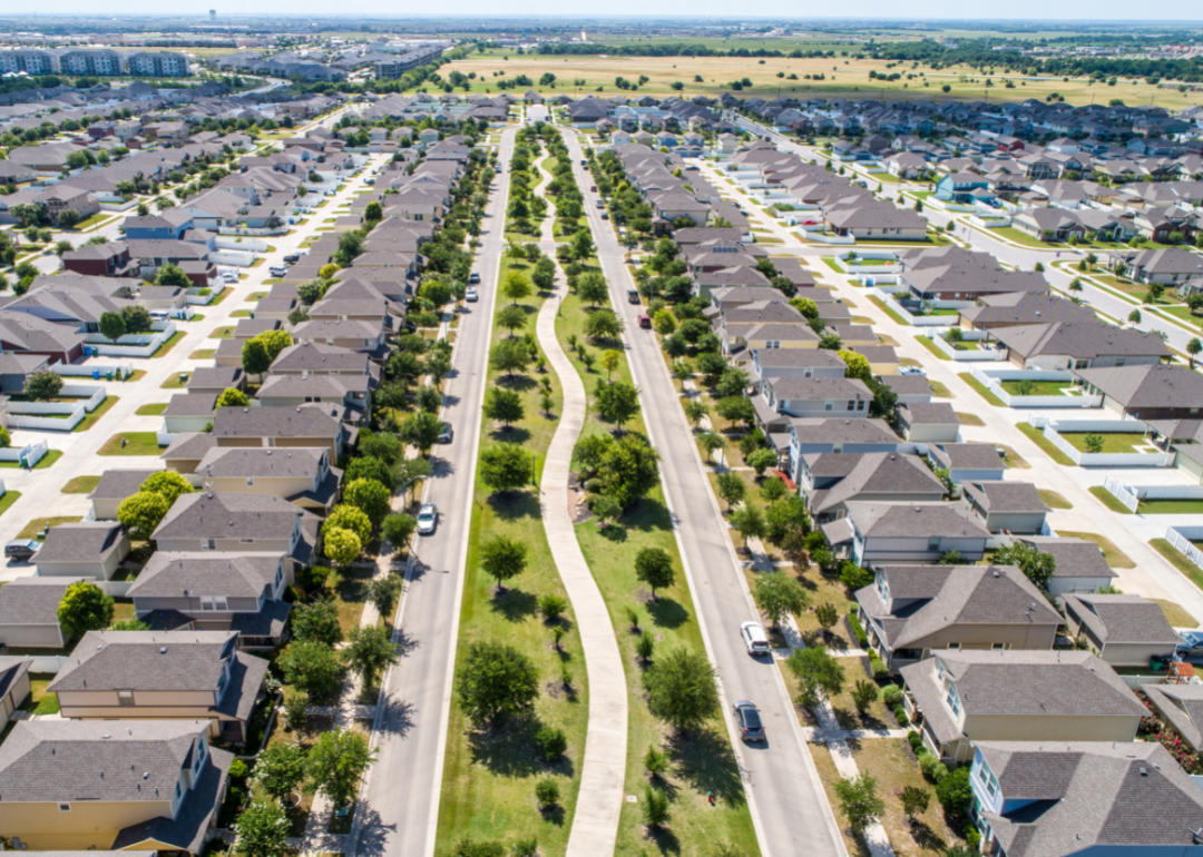 Aerial view of symmetrical homes in Texas suburb