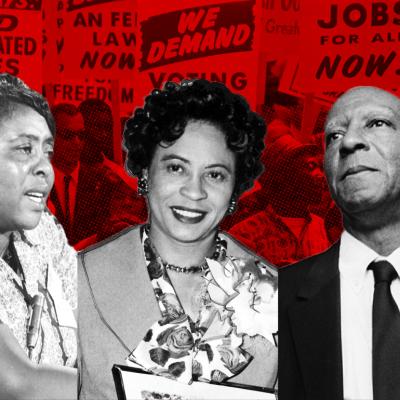 March on Washington with Fannie Lou Hamer, Daisy Bates, and A. Philip Randolph in foreground.