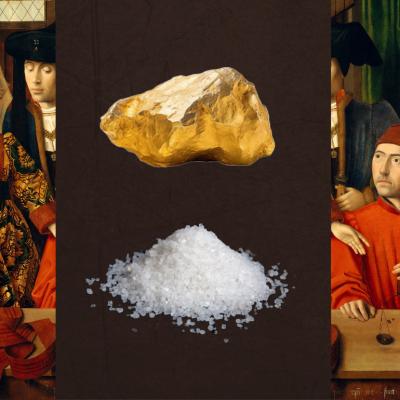Photo illustration with images of salt and gold and a Petrus Christ’s painting “A Goldsmith in His Shop”.