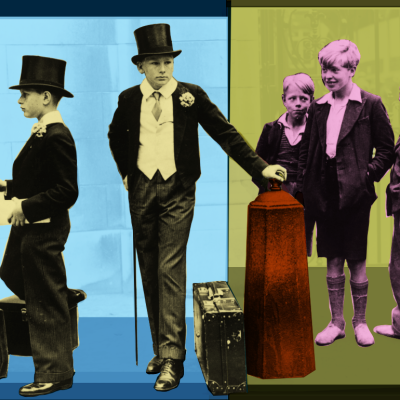 A colorized version of Jimmy Sime's 'Toffs and Toughs’ showing five English boys: two dressed in school uniform including waistcoat, top hat, and cane; and three nearby wearing the plain clothes of pre-war working class youths.