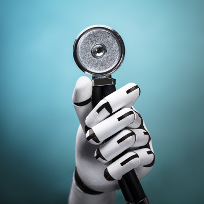 Close-up of a robot's hand holding stethoscope.