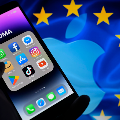 EU Flag and Apple logo with smartphone home screen.