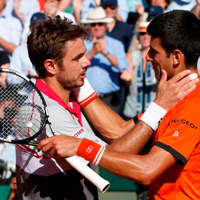 Novak Djokovic congratulates Stanislas Wawrinka on winning the 2015 French Open.