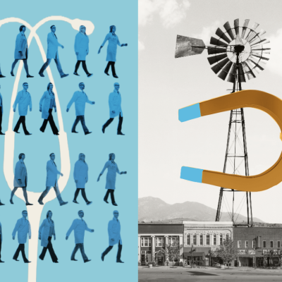 A split screen digital illustration; the left side has a white silhouette of a stethoscope in the background with an overlay of rows of doctors walking toward the right-hand photo, which shows a hand holding a horseshoe magnet toward the doctors, with a rural windmill in background.