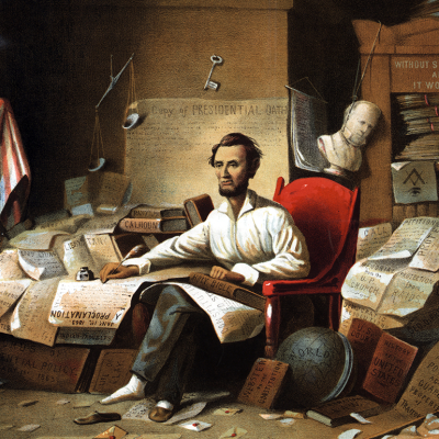 A print based on David Gilmour Blythe’s painting of Lincoln writing the Emancipation Proclamation.